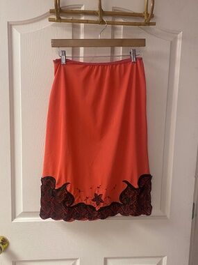 Vintage Satin Slip Skirt Black Lace Trim S/M